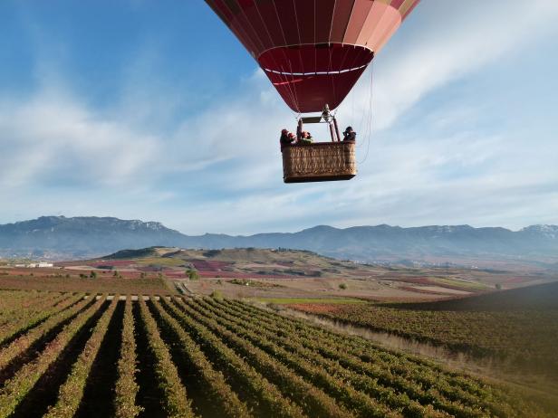 A hot air balloon drifts over the vineyards in Rioja, Spain